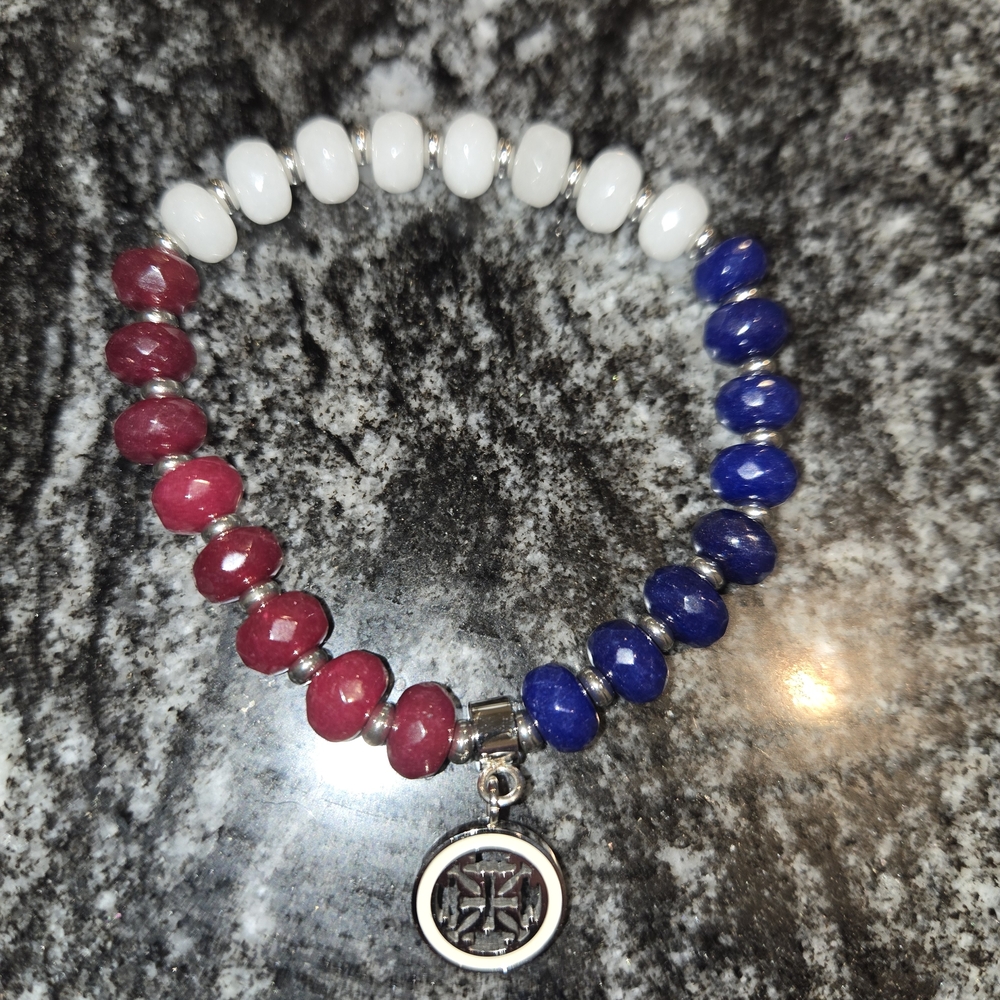 Rustic Cuff Red and White Beaded Bracelet with Charm